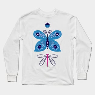 Butterfly Ladybug Dragonfly Pattern Design Blue Purple Pink Long Sleeve T-Shirt
